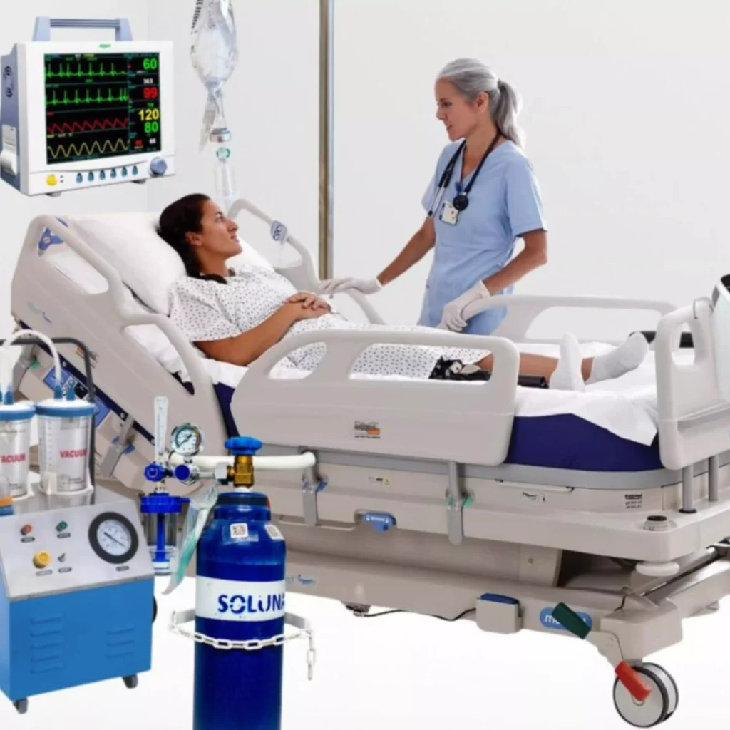 A nurse attending to a patient in a hospital bed with an oxygen machine. Serving medical equipment rental services in Ranchi