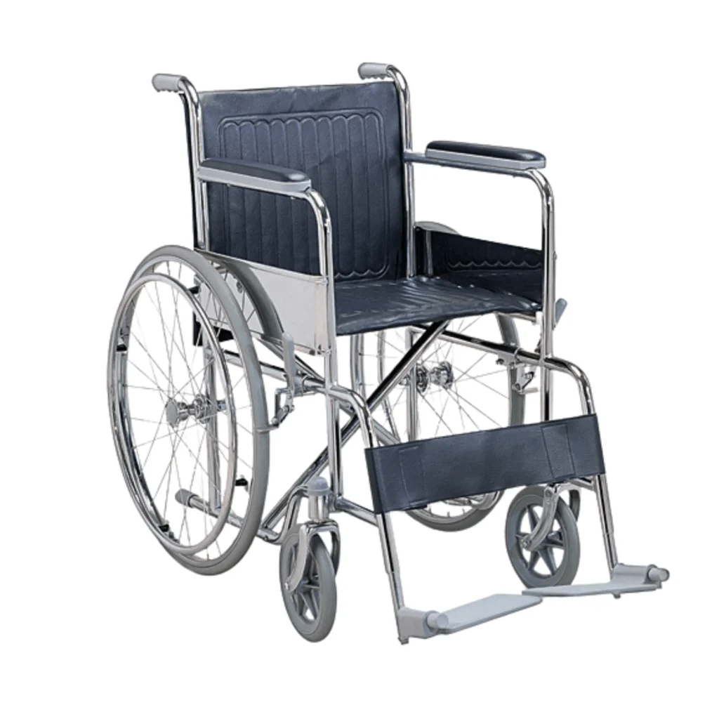 A black and silver wheelchair with wheels on a white background. Available for wheelchair rental services in Ranchi.