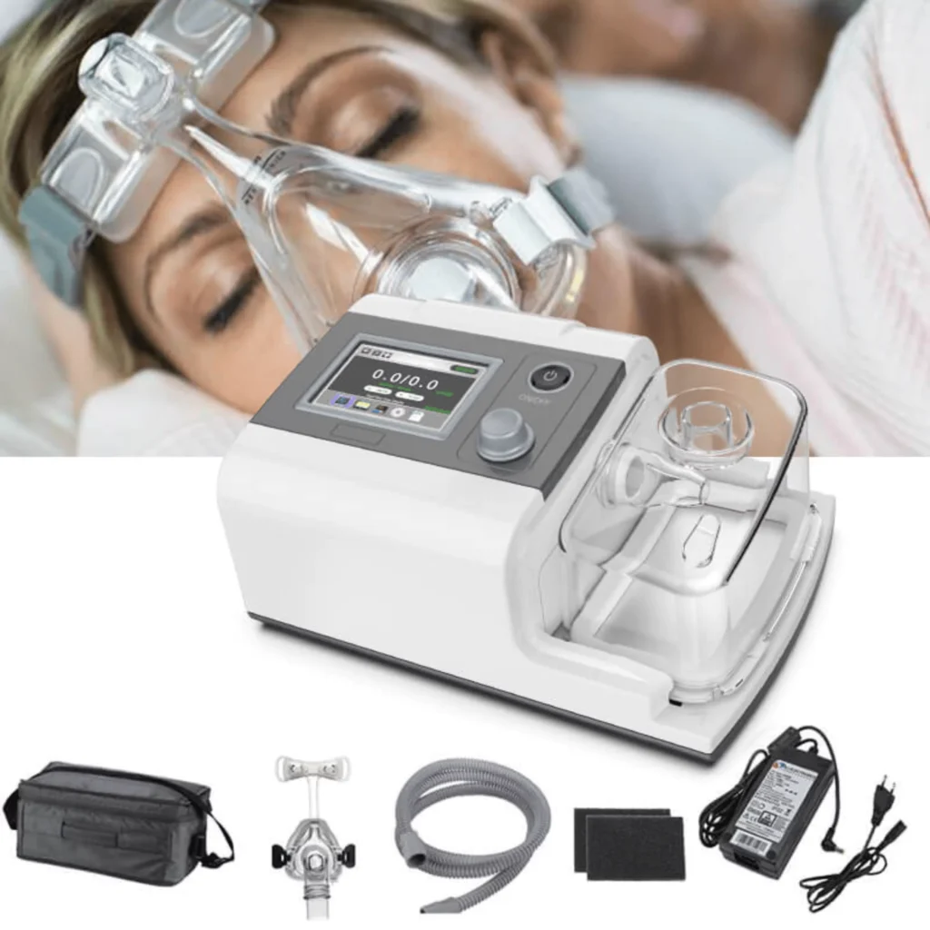 A woman peacefully sleeps in bed with an oxygen machine. Rent bipap machines in Ranchi.