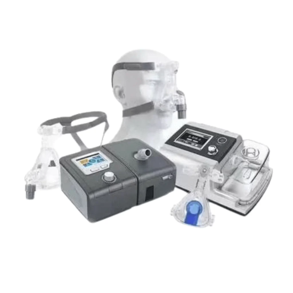 Rent a Bipap machine in Ranchi - Medical device featuring head mask and ventilator for respiratory assistance.