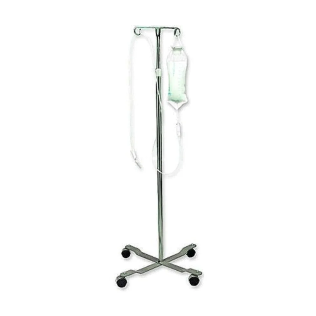 Iv stand for rent in ranchi. A stainless steel stand with a bag on it, available for IV rental services in Ranchi.