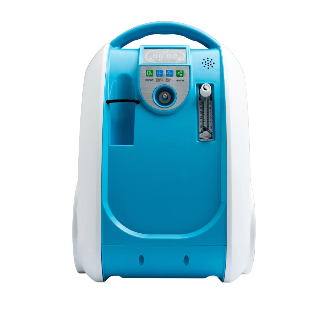 A portable oxygen concentrator in blue and white, available for rental services in Ranchi.