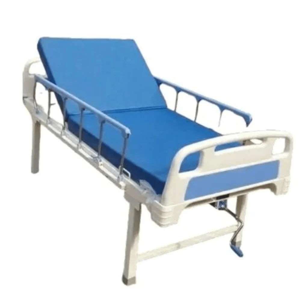 Hospital bed with blue cover and metal frame available for rent in Ranchi. best medical equipments on rent in ranchi. Comfortable, adjustable patient bed