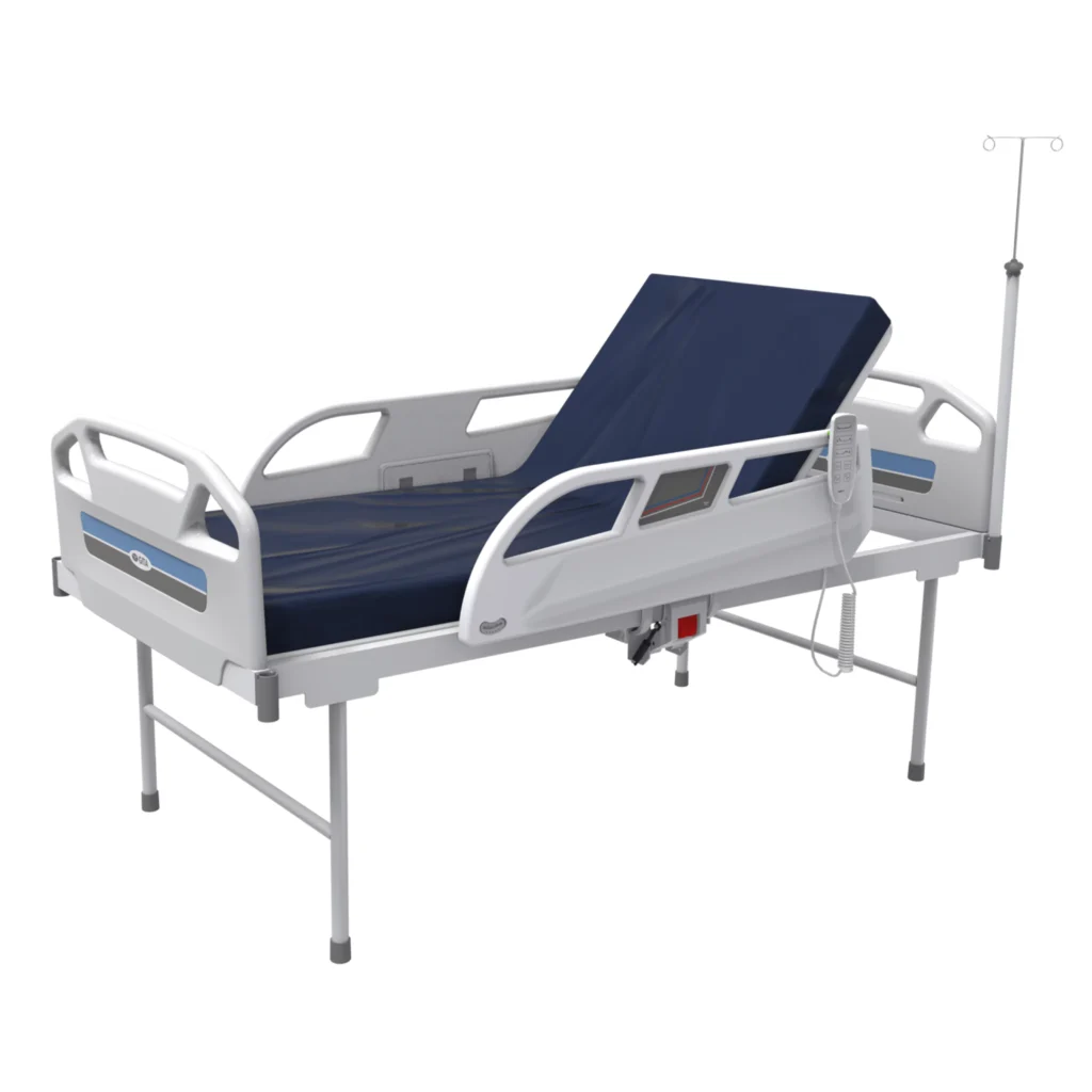 Offering patient bed rental services in Ranchi with a hospital bed featuring blue cover and mattress