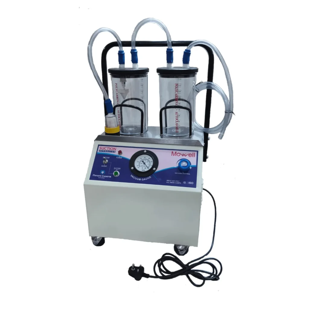 A medical machine with two hoses and a pump, used for suction. Available for rental services in Ranchi.