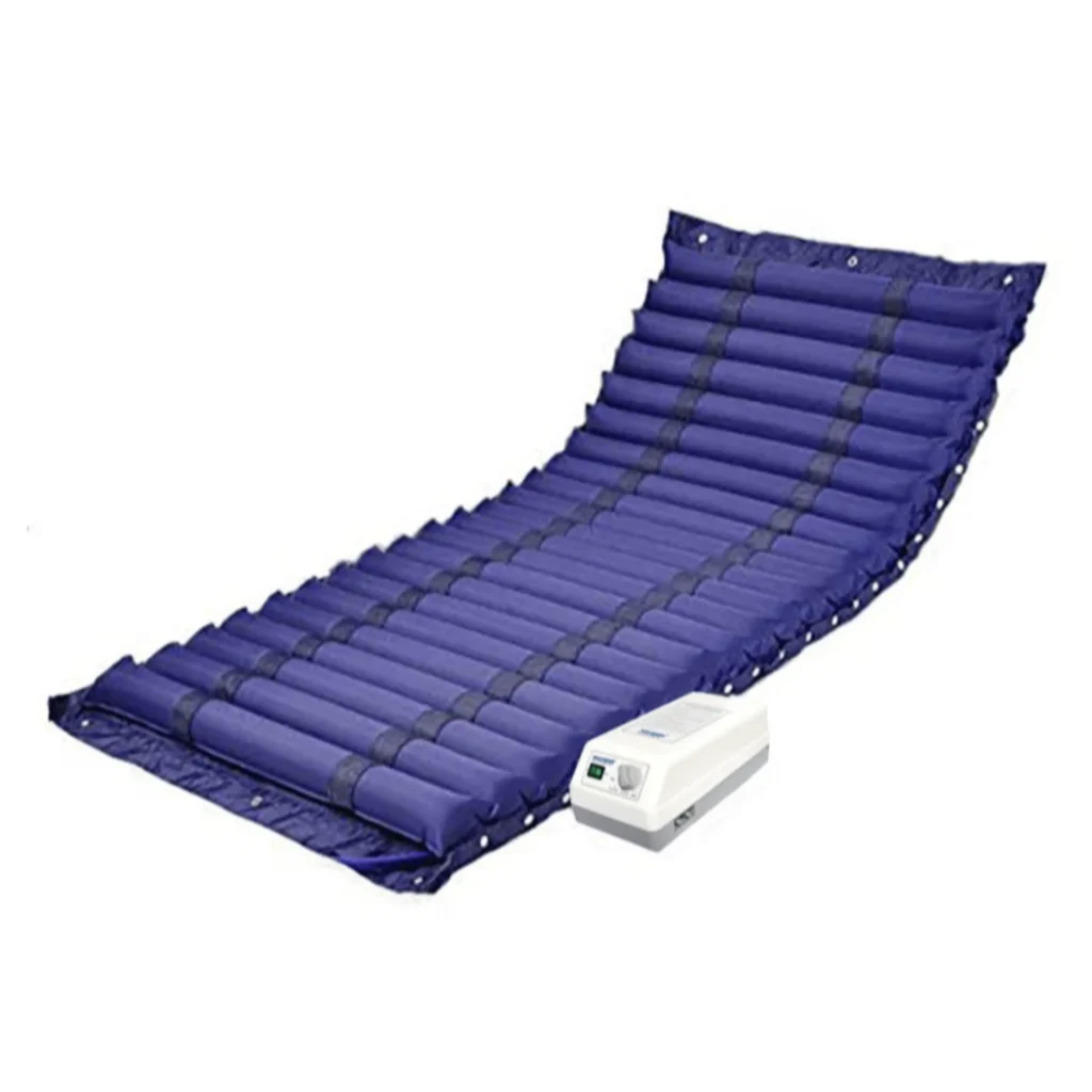 A blue medical bed with an air pump, available for rent in Ranchi. Perfect for those in need of a comfortable and adjustable sleeping surface. available in rent in ranchi.