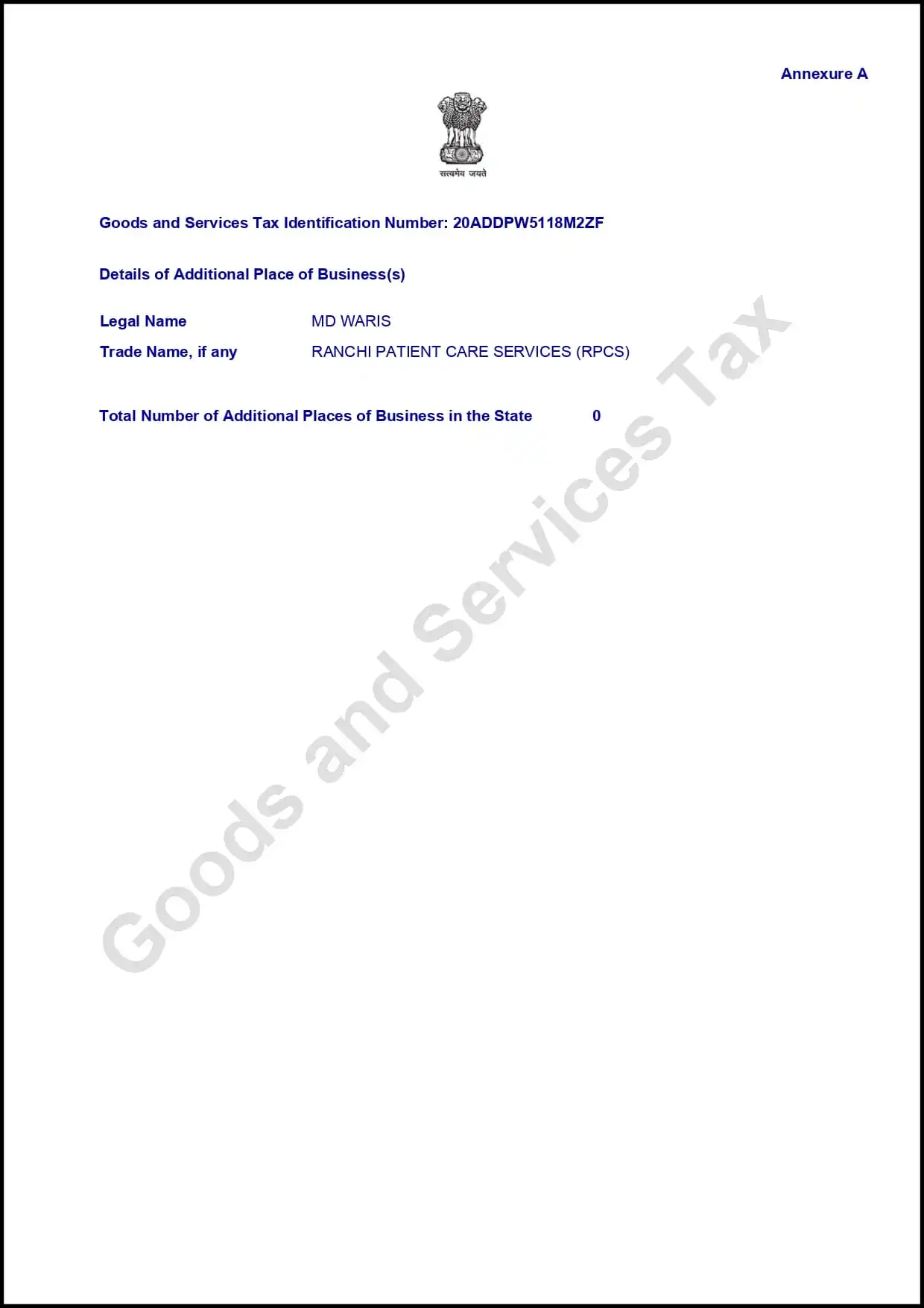 Ranchi patient care GST certificate, Certified Nursing Agency in Ranchi