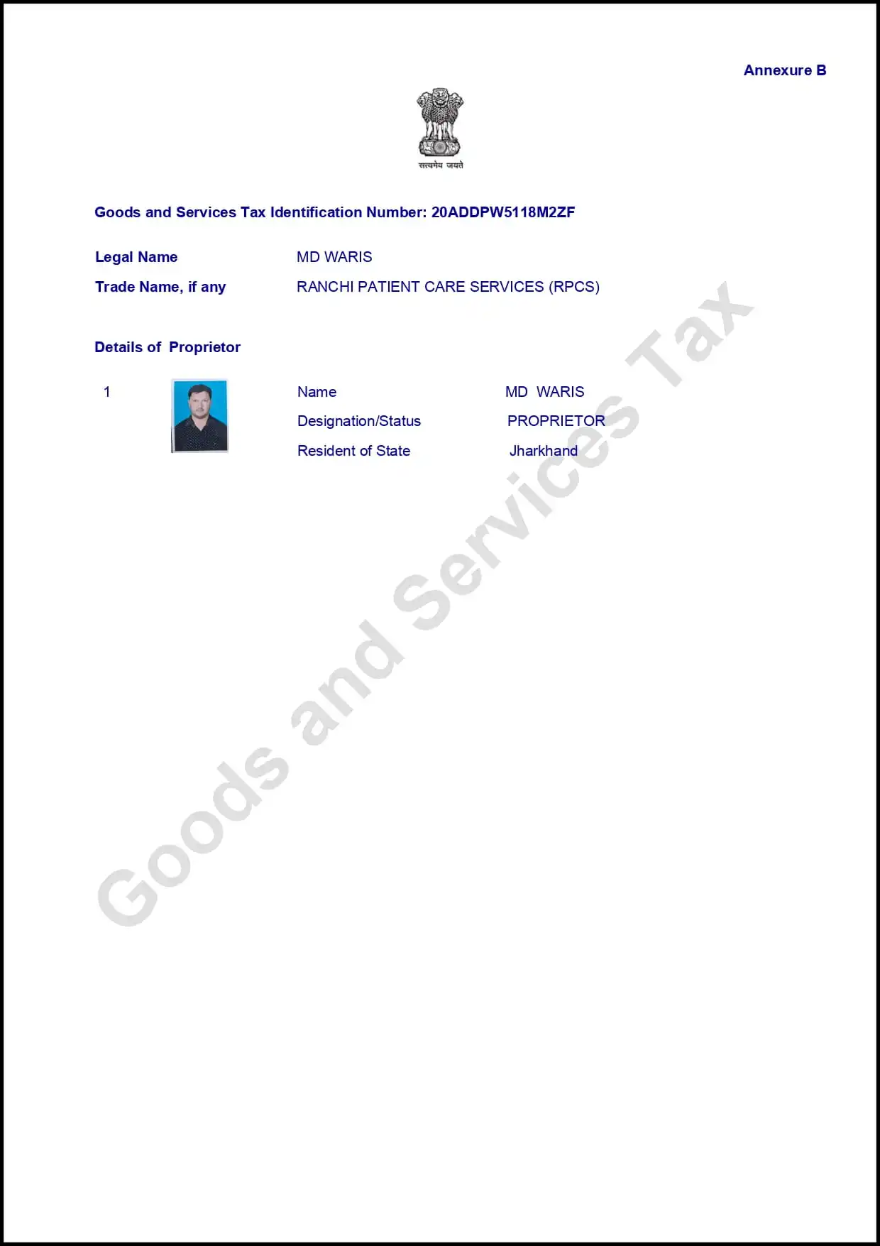 Ranchi patient care GST certificate, Certified Nursing Agency in Ranchi