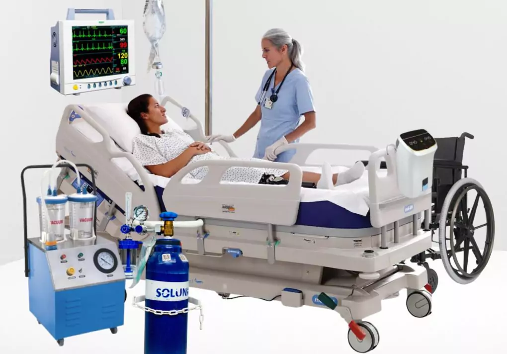 medical equipments on rent in ranchi by RPCS. A nurse stands by a hospital bed with an oxygen machine. Medical equipment rental services in Ranchi